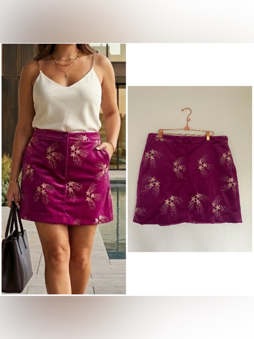 NWT Nasty Gal Premium
Embroidered Velvet Pink  Mini Skirt
Mauve Magenta w/ stars